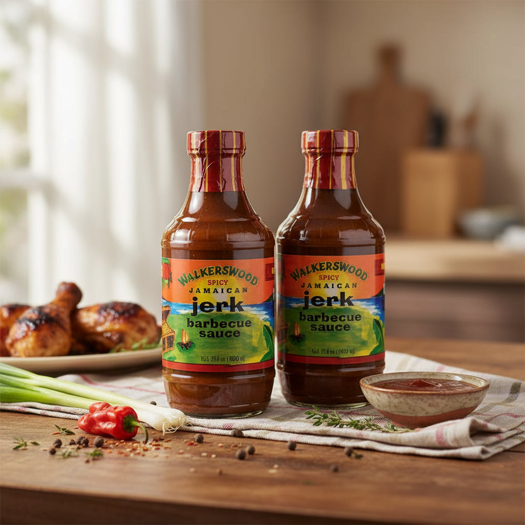 Two bottles of Jack Daniel's Jerk barbecue sauce with colorful labels on a white background.