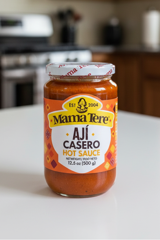 Jar of Mama Tere Aji Casero hot sauce with label